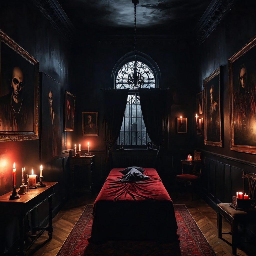 A haunting gallery filled with eerie, dark artworks depicting historical torture devices, intricate sketches of victims and their emotions, dimly lit by flickering candlelight. Shadows loom, enhancing the sense of dread while velvet drapes surround the space. Incorporate elements of gothic architecture in the background, with subtle hints of blood red and deep black tones. expressive brush strokes capturing the contrast of beauty and horror. dark and moody painting.