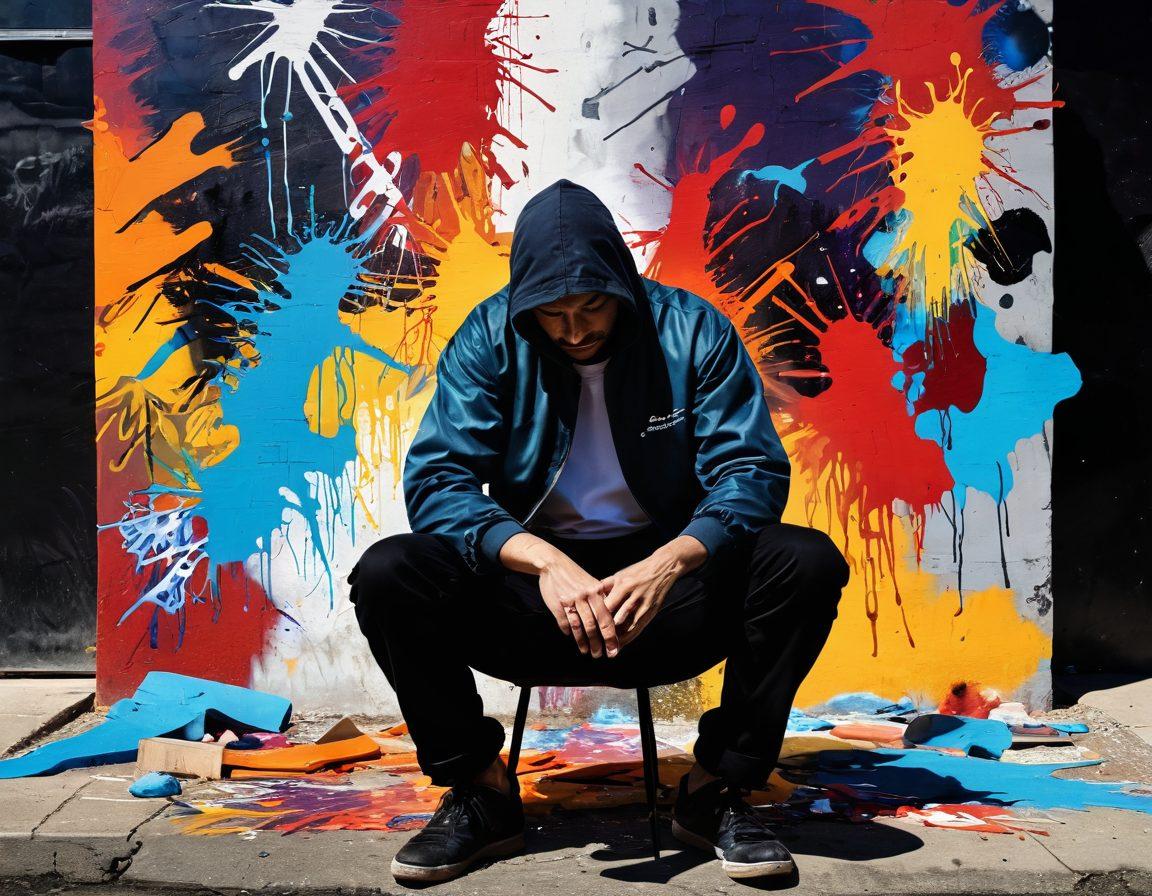 A powerful and evocative scene depicting an artist surrounded by abstract expressions of pain, featuring vivid splashes of color that symbolize suffering and resilience. Incorporate elements of traditional art tools juxtaposed with modern street art graffiti, and shadowy figures representing emotional struggle in the background. The artwork should convey a sense of transformation through pain, blending surrealism and realism. vibrant colors. surrealistic. dramatic lighting.